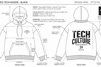 create garment tech pack, flat sketches, sheet for clothing production materials