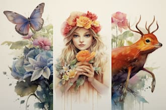 make watercolor painting of animals, botanicals