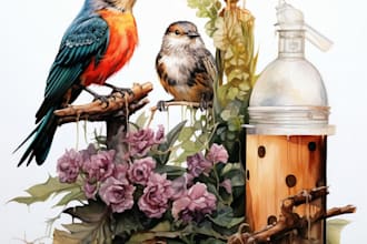 paint watercolor botanical illustration of flowers, plants, animals,objects