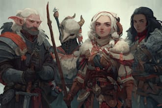 draw detailed dnd party characters together