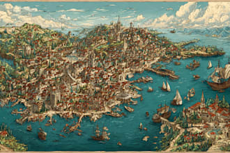 make hand drawn map illustration of cities, fantasy, travel art
