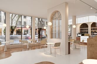 model 3d coffee shop,restaurant,furniture layout, eatery area,cgi rooftop lounge