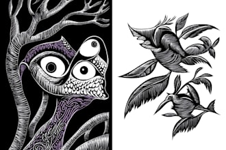 draw detailed linocut illustration for t shirt and print
