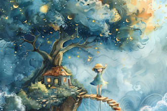 design children story book illustrations in watercolor style