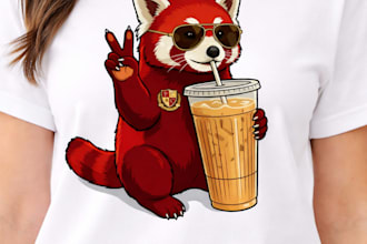 design cute cartoon t shirt, custom mascot, red panda illustration for merch