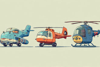 draw aircraft, airplane, helicopter into a vector cartoon