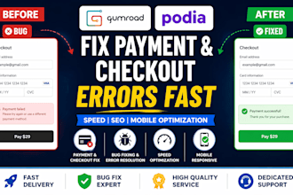 fix gumroad podia website payment bug checkout fail mobile speed seo cart issues