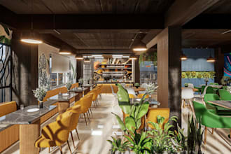 rebuild 3d restaurant biophilic,hospitality layout, interior design, cafe render