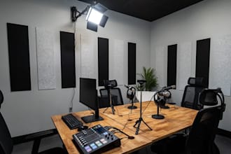 design realistic 3d podcast studio, music studio and tv set with 3d rendering