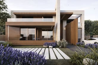 construct 3d modern mansion exterior,glass facade,terrace building,garden render