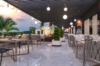 luxury 3d clubhouse interior, outdoor dinning design, restaurant exterior render