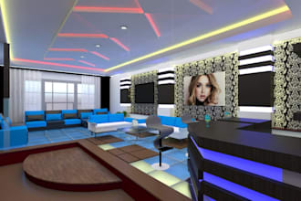 renew 3d luxury salon,bar interior,lounge area,futuristic decor,cgi karaoke room