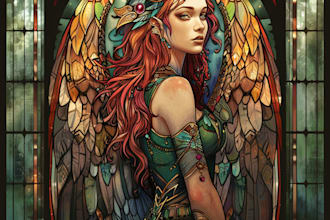 draw colored stained glass art glasswork for cover nature novel animal character