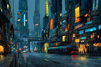 create sci fi concept art and cyberpunk city illustration
