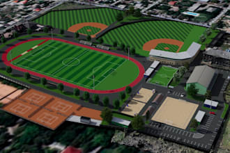 recreate 3d sport complex,baseball field, kart race track,golf course cgi render