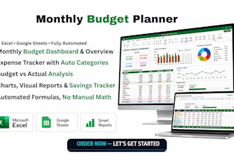create monthly budget planner spreadsheet, dashboards, expenses tracker, excel