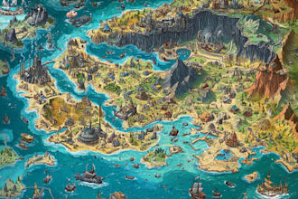 illustrate unique fantasy world map design for games campaigns fiction