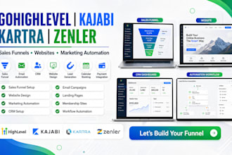 set up a gohighlevel, kajabi, kartra, zenler, sales funnel, website, automation