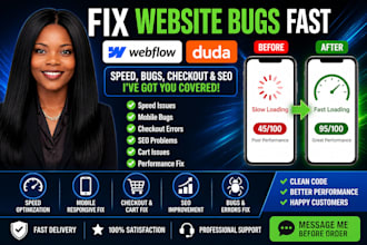 webflow duda speed bug mobile fix checkout error seo issue cart problem fix