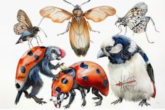 hand paint watercolor animals, birds, insects