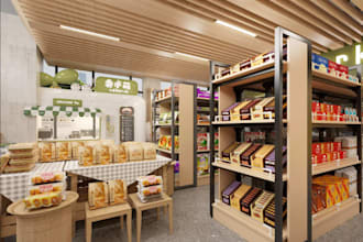 design 3d grocery store, mall supermarket, plaza bakery exterior interior layout