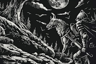 make detailed dark art with woodcut or linocut style