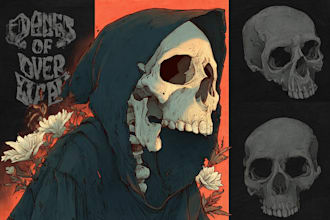draw skull skeleton, grim reaper for clothing