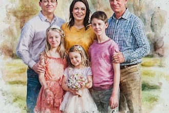 draw watercolor family portrait painting from combine photo