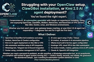 fix, setup,install openclaw, clawdbot, moltbot, kimi 2 5,n8n ai agent on vps