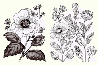 draw line art vector illustration of plants and flowers