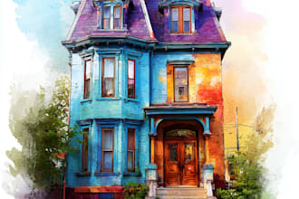 draw watercolor wedding venue, house, landscape