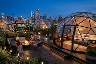 design 3d glamping camp design, urban glamping dome with render