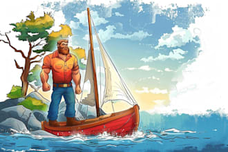 sketch, outline and color cartoon illustrations
