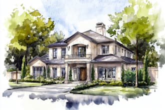 handmade watercolor painting of house