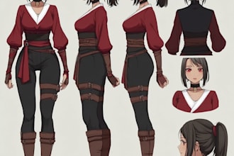 design anime character sheet with poses and action style