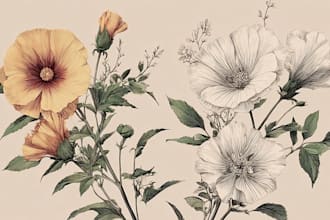 draw one line art illustrations of flowers, plants, fruits or flower bouquet