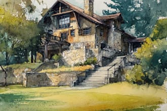 draw watercolor wedding venue, house, landscape