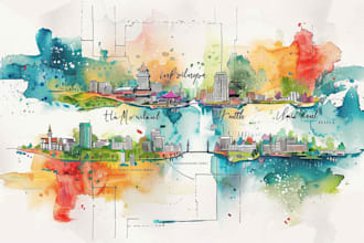 create watercolors city or town map illustration