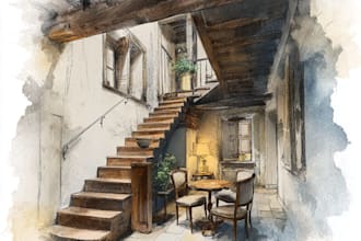 design your interior sketch into a watercolor drawing