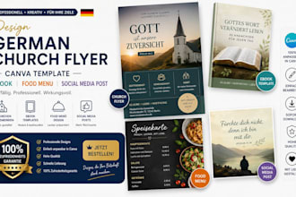 design german church flyer canva template ebook, food menu and social media post