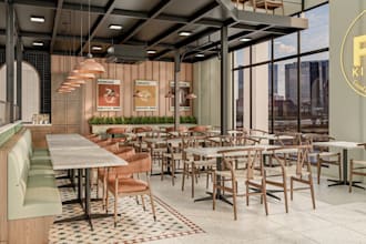 restore 3d restaurant interior, commercial fast food space,eatery or café render