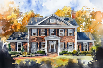 handmade watercolor painting of house
