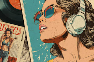 make 1980s retro ad, album or book cover, film poster, nostalgic illustration