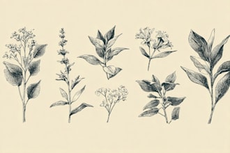 draw botanical illustrations of flowers, plants, line art