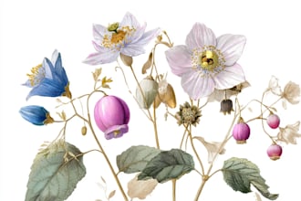 make a botanical line art illustration flower plant fruits