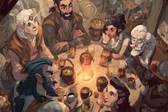 do group party character art, dnd party