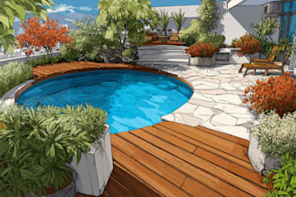 design landscape, terrace, backyard, pool, and patio