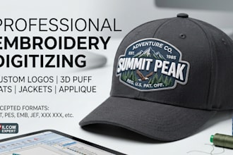 logo digitizing dst pes emb jef 3d puff hat cap jacket back applique wilcom