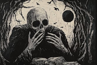 make dark art, concepts, linocut or woodcut illustrations