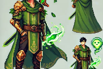 do pixel art character, logo, tileset, sprite sheet, pixel animation, asset